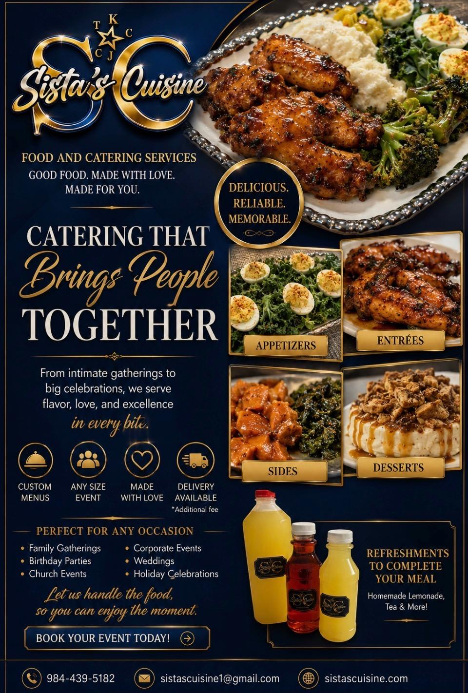 Sista's Cuisine catering menu flyer